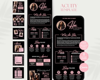May include: Black and pink digital template for a hair stylist business, featuring business hours, contact information, booking policies, and Instagram stories. The template includes the text "Hair by Aiah Blake" and "Acuity Template".