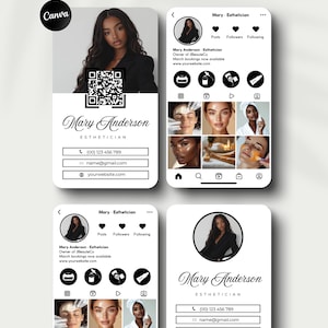 May include: A black and white business card for an esthetician named Mary Anderson. The card features a QR code, a headshot of Mary, and her contact information, including her phone number, email address, and website. The card also includes a social media icon for Instagram.