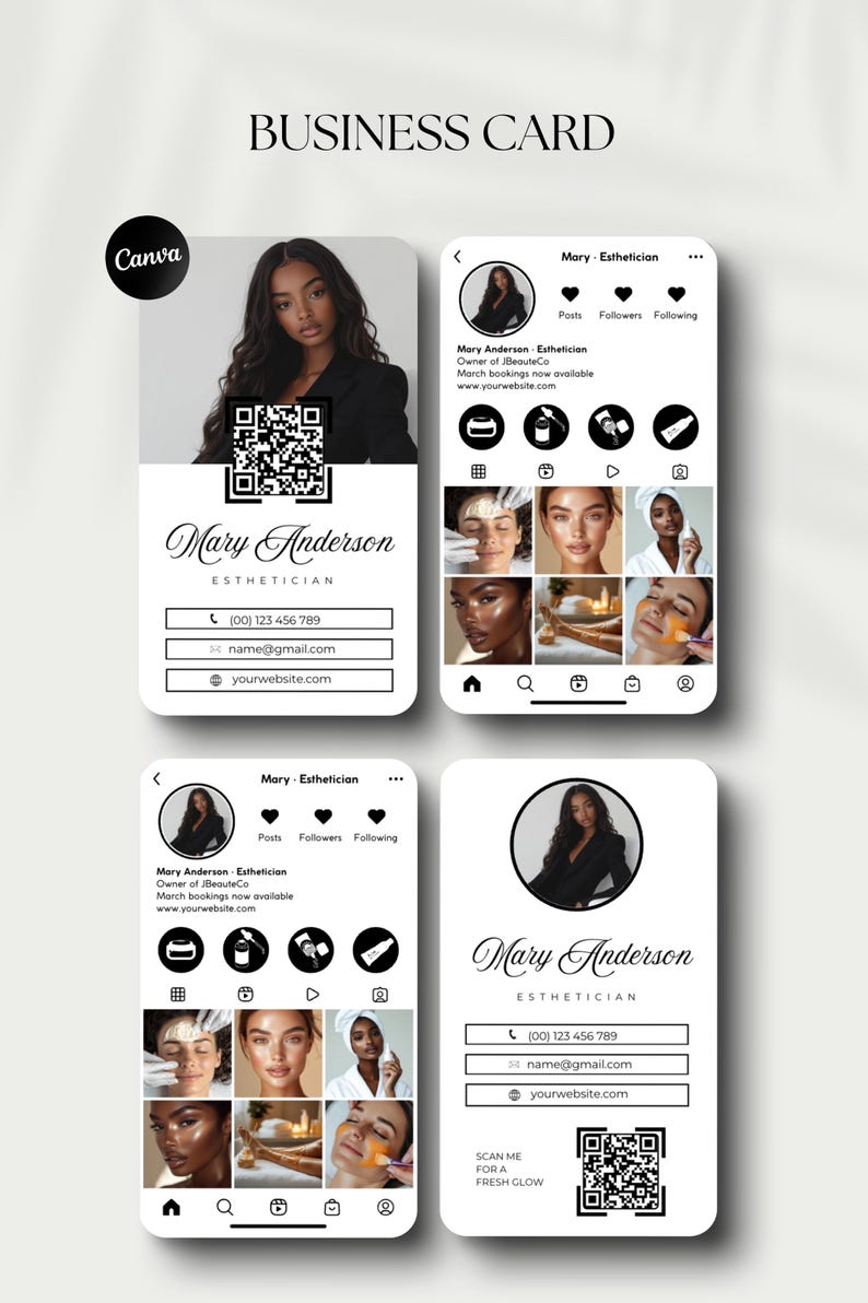 May include: A black and white business card for an esthetician named Mary Anderson. The card features a QR code, a headshot of Mary, and her contact information, including her phone number, email address, and website. The card also includes a social media icon for Instagram.