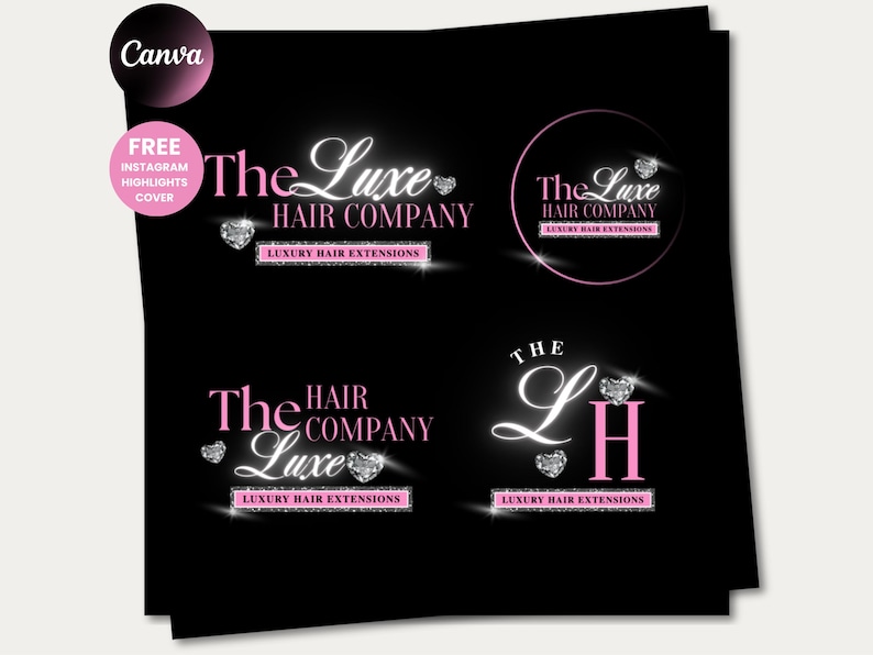 Puede incluir: Gr&aacute;fico negro con cuatro variaciones de logotipos de "The Luxe Hair Company". Cada logotipo incluye el texto "Luxury Hair Extensions" y un diamante. Un c&iacute;rculo rosa con texto y un logotipo rosa de Canva en la esquina superior izquierda.