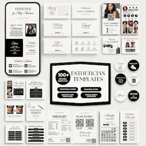 May include: A set of esthetician templates in monochrome. Includes printable cards, business signs, booking site templates, and social media content. Features a phone mockup, business cards, and appointment-related graphics.