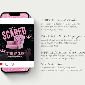 May include: A pink Halloween-themed social media post on a phone screen. The post features a pink chair, bats, and the text "DON'T BE SCARED SIT IN MY CHAIR". The phone has a pink glittery border.
