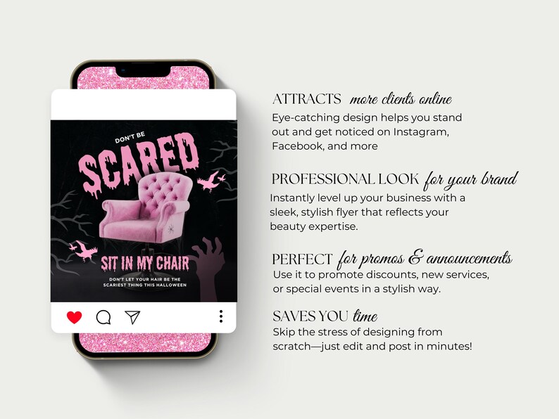 May include: A pink Halloween-themed social media post on a phone screen. The post features a pink chair, bats, and the text "DON'T BE SCARED SIT IN MY CHAIR". The phone has a pink glittery border.