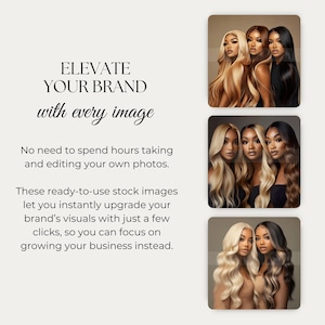 Op de afbeelding: Drie vrouwen met lang, golvend blond haar dragen zwarte tops. De vrouwen kijken naar de camera. De achtergrond is lichtbruin. De tekst "ELEVATE YOUR BRAND with every image" staat bovenaan de afbeelding.