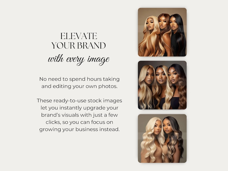 Op de afbeelding: Drie vrouwen met lang, golvend blond haar dragen zwarte tops. De vrouwen kijken naar de camera. De achtergrond is lichtbruin. De tekst "ELEVATE YOUR BRAND with every image" staat bovenaan de afbeelding.