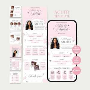May include: A pink and white digital template for nail technicians, featuring a smartphone displaying a business profile with contact information, booking policies, and Instagram posts. Additional promotional graphics are included.