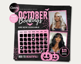 May include: A promotional graphic for October bookings, featuring a black background with pink accents. The design includes a calendar, two photos of women, and Halloween-themed elements like bats and pumpkins. Text includes "October Bookings" and "Boo to Beautiful!"