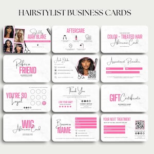 May include: A collection of pink and white hairstylist business cards. The cards feature various designs, including "Aftercare," "Refer a Friend," and "Gift Certificate." The cards also include the text "HAIRSTYLIST BUSINESS CARDS."