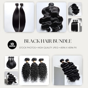 Könnte beinhalten: Zehn Fotos von verschiedenen schwarzen Haarpaketen. Die Pakete sind in einem Raster angeordnet. Der Text "BLACK HAIR BUNDLE" wird in der Mitte des Bildes angezeigt. Der Text "STOCK PHOTOS - HIGH QUALITY JPEG - 4096 X 4096 PX" wird unter dem Text "BLACK HAIR BUNDLE" angezeigt.