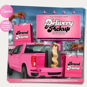 Może przedstawiać: Różowa grafika przedstawiająca różową ciężarówkę z billboardem z napisem "Delivery & Pickup available!" i torbami na zakupy z tekstem "Brand Name". Obraz zawiera również tekst "Canva" i "FREE INSTAGRAM HIGHLIGHTS COVER".