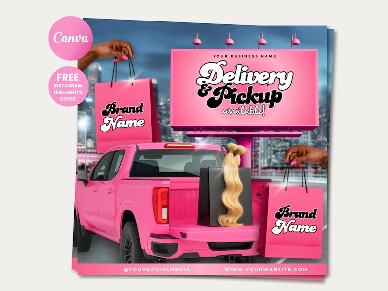 May include: A pink graphic showing a pink pickup truck with a billboard that says "Delivery & Pickup available!" and shopping bags with "Brand Name" text. The image also includes the text "Canva" and "FREE INSTAGRAM HIGHLIGHTS COVER".