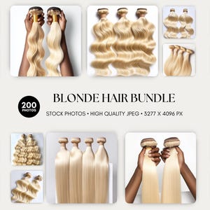 Puede incluir: Una colección de 200 fotos de stock de extensiones de cabello humano rubio en varios estilos y longitudes. Las fotos son JPEG de alta calidad, que miden 3277 x 4096 píxeles. Las extensiones de cabello se muestran en varias disposiciones, incluidos paquetes, tramas y mechones individuales.