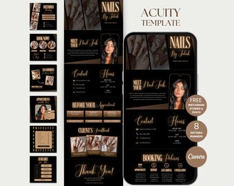 May include: Aesthetic digital template for nail salon marketing. The design features a black and gold color scheme with images of manicured nails, a woman, and text. Includes sections for booking, contact, and client feedback.