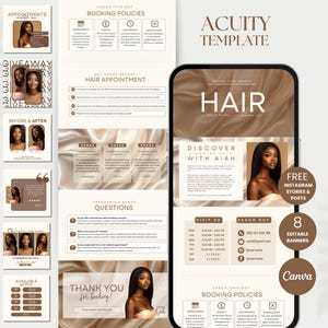 May include: A digital template for hair appointments, featuring a mobile phone display with the word "HAIR" and the text "Discover Stunning Hair with Aiah." Includes editable banners, booking policies, and Instagram stories.