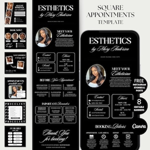 Puede incluir: Plantilla digital en blanco y negro para citas de estética. Incluye una maqueta de teléfono, historias de Instagram y detalles de citas. Presenta el texto "Esthetics by Mary Anderson" y "Square Appointments Template".