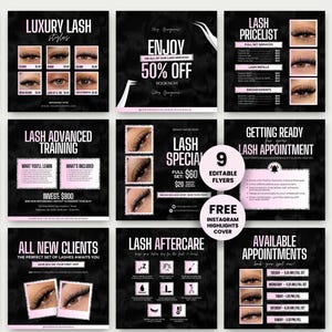 Puede incluir: Una colección de nueve folletos digitales en negro y rosa para un negocio de pestañas, con texto como Luxury Lash Styles, Lash Pricelist, Lash Special y Lash Aftercare, junto con fotografías en primer plano de ojos con extensiones de pestañas.