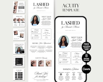 May include: A black and white digital marketing template for lash services. The design includes a phone mockup, social media posts, and booking information. The text includes "Lashed by Amarah Monroe" and "Meet Your Lash Tech."