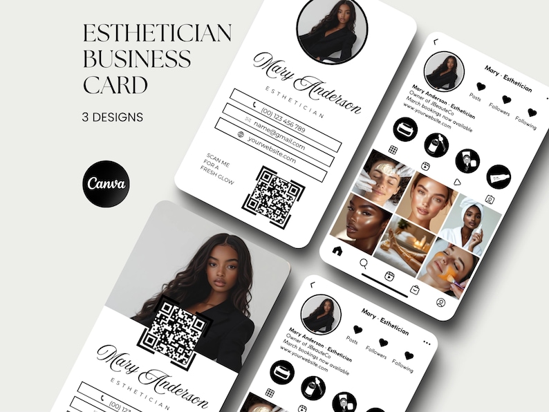May include: Three different business card designs for an esthetician named Mary Anderson. The cards feature a black and white colour scheme with a QR code, contact information, and a tagline that says "Scan me for a fresh glow".