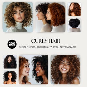 May include: A collection of photos showcasing diverse women with curly hair. The images feature various hairstyles, hair colors, and skin tones. The text "CURLY HAIR" is displayed, along with details about the photo pack, including the number of photos and image resolution.
