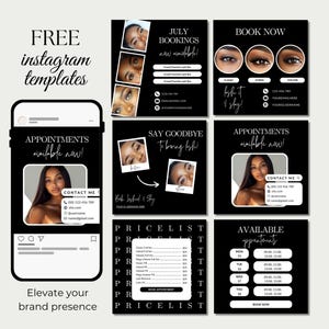 May include: A collection of black and white Instagram templates for beauty services. The templates include text such as "Appointments available now!" and "Book Now." The image also features a phone mockup and the text "Elevate your brand presence."