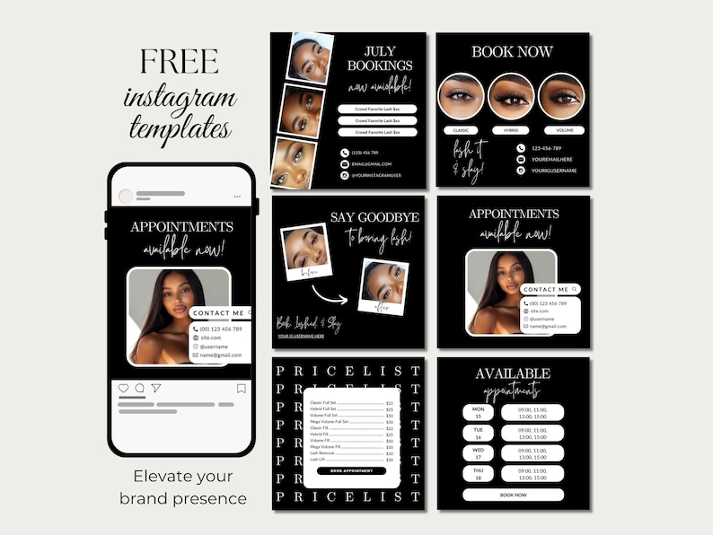 May include: A collection of black and white Instagram templates for beauty services. The templates include text such as "Appointments available now!" and "Book Now." The image also features a phone mockup and the text "Elevate your brand presence."