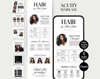 May include: A black and white template for a hair stylist, featuring the text "HAIR by Aiah Blake" and "MEET YOUR Hairstylist." The design includes contact information, hours, and booking policies. The template is for Instagram stories and posts.