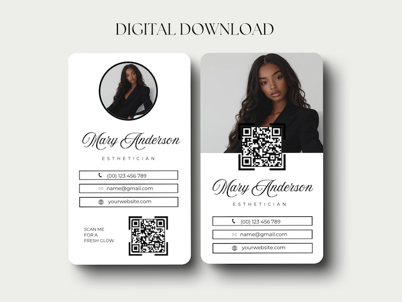 May include: A digital business card template with a black and white design. The card features a woman's headshot, contact information, and a QR code. The text on the card reads "Mary Anderson, Esthetician".