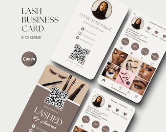 May include: Three business card designs for a lash technician. The first card features a white background with a photo of a woman, the text "Amarah Monroe, Certified Lash Tech", and a QR code. The second card features a brown background with a photo of eyelashes and makeup brushes, the text "Lashed by Amarah", and a QR code. The third card features a white background with a social media profile for "Amarah - Lash Tech" with a photo of a woman, the text "Posts, Followers, Following", and a grid of photos of eyelashes and makeup.