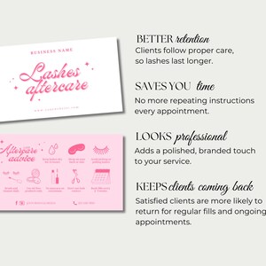 Puede incluir: Tarjetas de visita rosas y blancas para el cuidado posterior de pesta&ntilde;as. La tarjeta superior presenta el texto "Lashes aftercare" en una fuente de escritura. La tarjeta inferior tiene iconos y texto de consejos de cuidado posterior. Las tarjetas promueven una mejor retenci&oacute;n, ahorran tiempo y lucen profesionales.