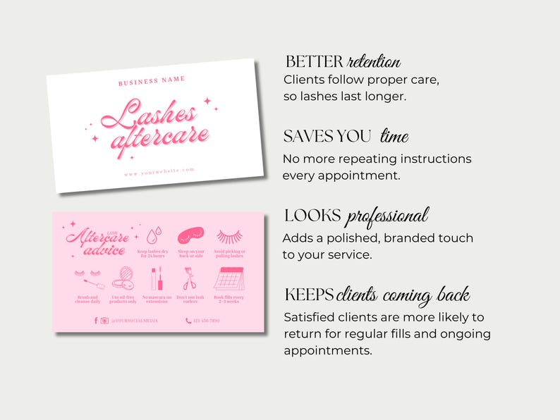 Puede incluir: Tarjetas de visita rosas y blancas para el cuidado posterior de pesta&ntilde;as. La tarjeta superior presenta el texto "Lashes aftercare" en una fuente de escritura. La tarjeta inferior tiene iconos y texto de consejos de cuidado posterior. Las tarjetas promueven una mejor retenci&oacute;n, ahorran tiempo y lucen profesionales.