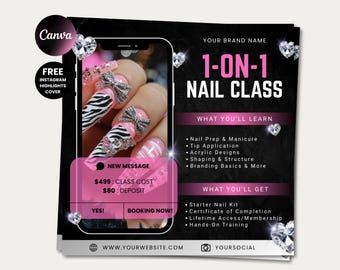 Puede incluir: Gráfico promocional en negro y rosa para una clase de uñas 1 a 1. La imagen presenta un primer plano de una mano con uñas largas y decoradas. El gráfico incluye texto sobre el contenido de la clase y lo que obtienes, además de un sitio web y un identificador de redes sociales.