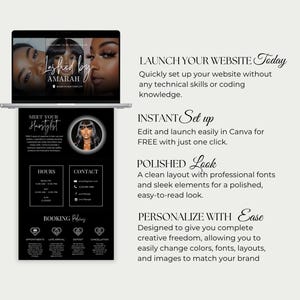 May include: A laptop displays a website design with the text "Lashed by AMARAH" and a black and white layout. The design includes sections for hours, contact, and booking policy, with the text "MEET YOUR Hairstylist".