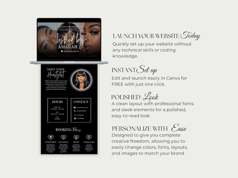 May include: A laptop displays a website design with the text "Lashed by AMARAH" and a black and white layout. The design includes sections for hours, contact, and booking policy, with the text "MEET YOUR Hairstylist".