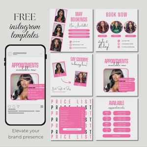 May include: A collection of pink and white Instagram templates for a beauty business. The templates include text such as "Appointments available now" and "Book Now". A smartphone displays a template with a photo of a woman.