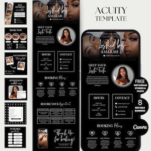 Può includere: Modello digitale in bianco e nero per un tecnico di ciglia, con il testo "Lashed by Amarah". Include sezioni per prenotazioni, orari, informazioni di contatto e politiche di prenotazione. Il modello è progettato per Instagram e include 8 banner modificabili.