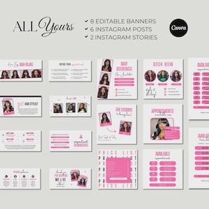 May include: A collection of social media templates in pink and white, featuring text such as "All Yours", "May Bookings", and "Available Appointments". The templates include banners, Instagram posts, and stories, with the Canva logo.