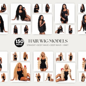 Op de afbeelding: Een collectie van 150 foto's met pruikmodellen in verschillende texturen, waaronder steil, body wave, deep wave en kinky. De afbeeldingen tonen diverse haarkleuren, variërend van gitzwart tot blond, gepresenteerd door verschillende modellen.