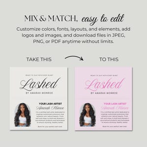以下が含まれることがあります： 「Lashed」と「Amarah Monroe」のテキストが入ったデザインテンプレートの画像。デザインは白黒とピンクの2つのバージョンで表示されています。「Mix & Match, easy to edit」のテキストが上部にあります。