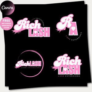 May include: Four pink and white logos for "Rich Lash Lash Extensions" are displayed on a black background. The logos feature stylized text and heart accents. A Canva logo and a "Free Instagram Highlights Cover" graphic are also present.
