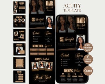 Puede incluir: Una plantilla Acuity negra y dorada para una estilista de cabello, con imágenes de una mujer con cabello largo. La plantilla incluye secciones para reservas, información de contacto y comentarios de clientes. El texto incluye "Hair by Anh" y "Meet Your Hairstylist".