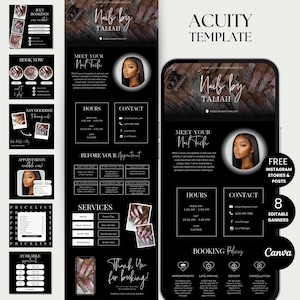May include: Black and white digital marketing template for a nail technician, featuring a phone mockup and social media posts. Includes business hours, contact info, and booking details. The text reads "Nails by Taliah".