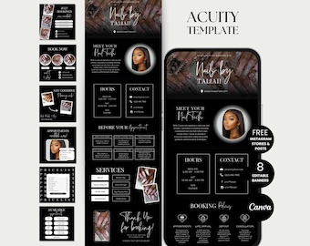 Puede incluir: Plantilla de marketing digital en blanco y negro para una técnico de uñas, con una maqueta de teléfono y publicaciones en redes sociales. Incluye horario comercial, información de contacto y detalles de reserva. El texto dice "Nails by Taliah".