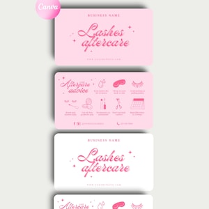 Puede incluir: Plantilla de tarjeta rosa para el cuidado posterior de pesta&ntilde;as con el texto "Lashes aftercare" y consejos de cuidado posterior. La tarjeta incluye iconos y texto para las instrucciones de cuidado de pesta&ntilde;as. Editable en Canva.