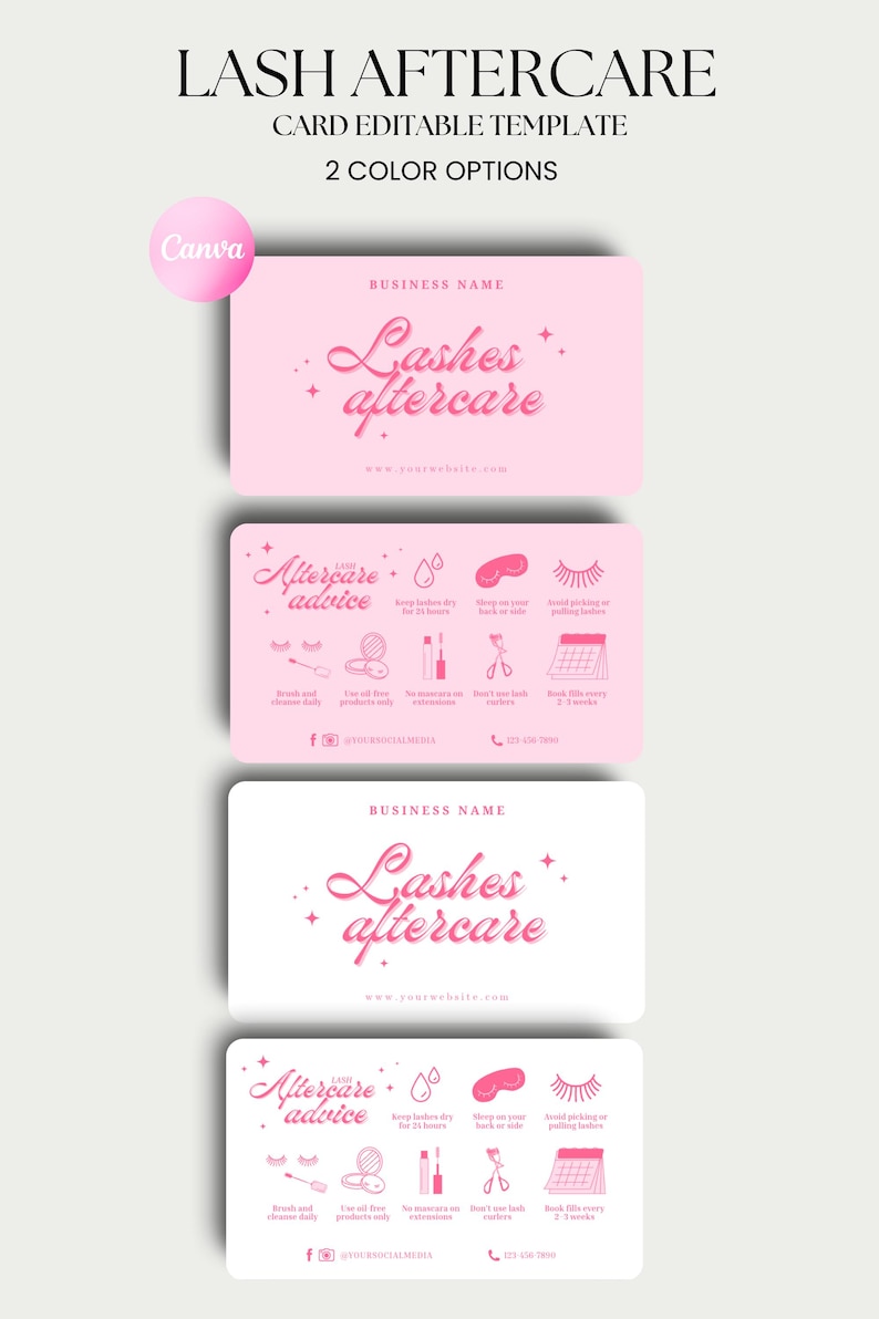 Puede incluir: Plantilla de tarjeta rosa para el cuidado posterior de pesta&ntilde;as con el texto "Lashes aftercare" y consejos de cuidado posterior. La tarjeta incluye iconos y texto para las instrucciones de cuidado de pesta&ntilde;as. Editable en Canva.