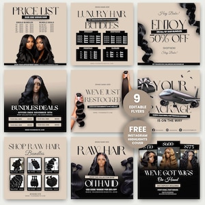May include: A collection of nine editable flyers for hair bundles, wigs, and hair extensions. The flyers feature images of hair bundles, models with long hair, and text such as "Luxury Hair Bundles" and "We've Got Wigs On Hand".