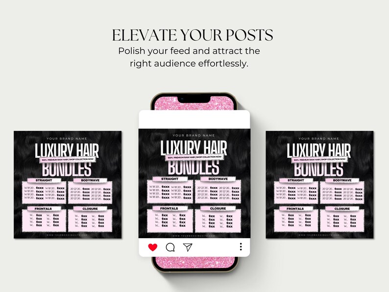 Puede incluir: Imagen de un smartphone que muestra tres gr&aacute;ficos promocionales para "Luxury Hair Bundles". Los gr&aacute;ficos son negros con texto blanco y rosa, mostrando diferentes estilos de cabello. La pantalla del tel&eacute;fono es rosa y el texto "Elevate Your Posts" est&aacute; en la parte superior.