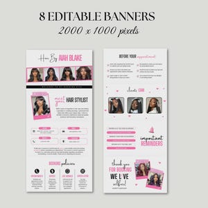 May include: A digital marketing banner set with a light background. The banner includes the text "8 EDITABLE BANNERS 2000 x 1000 pixels". The banner also includes the text "Hair By Aiah Blake" and "meet your HAIR STYLIST".