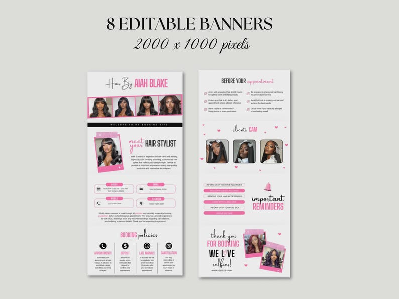 May include: A digital marketing banner set with a light background. The banner includes the text "8 EDITABLE BANNERS 2000 x 1000 pixels". The banner also includes the text "Hair By Aiah Blake" and "meet your HAIR STYLIST".