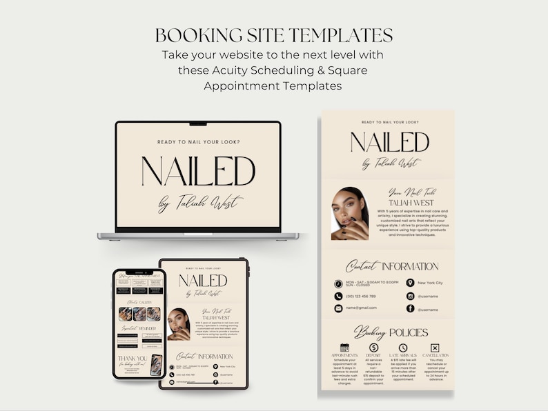 May include: A digital marketing image showcasing booking site templates for Acuity Scheduling and Square Appointment. The image displays a laptop, smartphone, tablet, and a flyer, all featuring the text "NAILED by Taliah West."