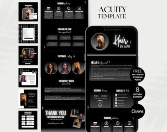 May include: Black and white graphic design template for an online appointment booking service. The template features a phone screen with the text "Hair by Aiah" and a booking calendar. The template also includes a section for frequently asked questions and a thank you message. The text "Free Instagram Stories & Posts" and "8 Editable Banners" are also included in the design.